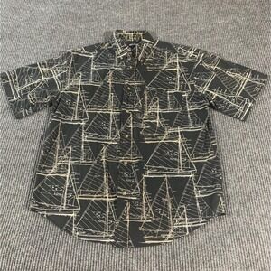 VTG Puritan Shirt Mens M Black Sailboat Button Up Casual AOP Nautical 90s Retro